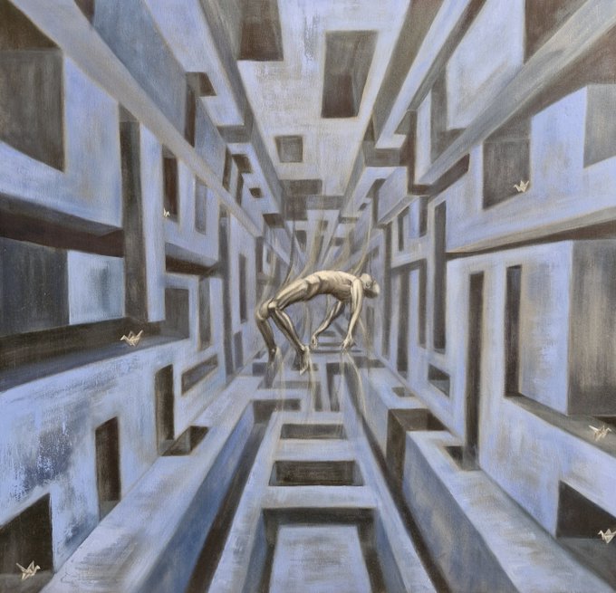 A surreal painting depicts an emaciated, contorted figure suspended within a deep, narrow shaft lined with geometric, rectangular alcoves in muted grey and blue tones.