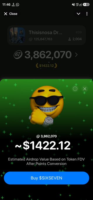 A mobile app screen showing a token price page for 'Thisisnosa Dr...' with an estimated airdrop value of ~$1422.12 based on 3,862,070 points, featuring an emoji with sunglasses and grillz, and a 'Buy $IXSEVEN' button.