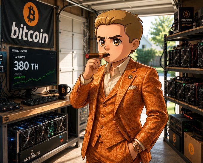 An illustrated man in an orange suit holding a cigar in a Bitcoin mining setup showing 380 TH hashrate and Antminer equipment.