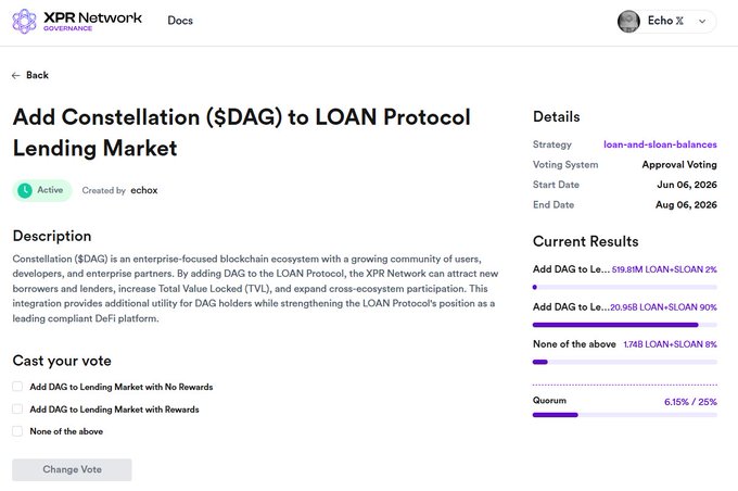 A screenshot of a computer screen with the title "XPR Network" displayed at the top, followed by two options: "Add constellation (SDA) to Loan Protocol" and "Add DAG (DAC/Loan protocols) to lending market". The text suggests that this is related to voting systems or decision-making processes. Below this information, there are instructions on how to proceed with the task - it asks the user to click "Cast your vote", which could be a way of choosing between two options within the system displayed in the image.