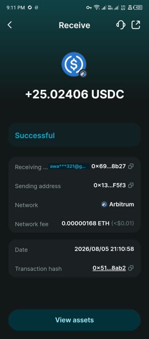 A Bitget Wallet transaction confirmation screen displays a successful receipt of +25.02406 USDC via the Arbitrum network, supporting the post's claim about earning 25 USDC rewards through the wallet's cashback campaign.