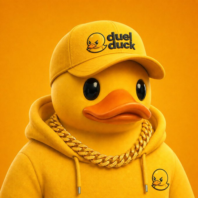 Stylized 3D illustration of a yellow duck character wearing a 'duel duck' branded yellow cap and gold chain necklace, with matching hoodie, set against an orange background.