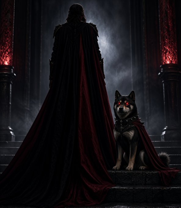 A dark fantasy illustration of a cloaked figure standing on stone steps beside a wolf with glowing red eyes wearing a spiked collar and cape.