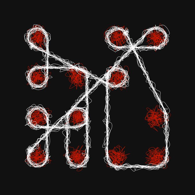 An abstract digital artwork features white and red scribbled lines forming interconnected circular and linear shapes against a solid black background.