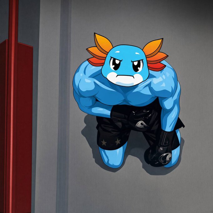 An illustration of a muscular blue cartoon character with orange flame-like accents on its head, wearing black MMA shorts and gloves, appearing to be a Squirtle version of a UFC fighter.