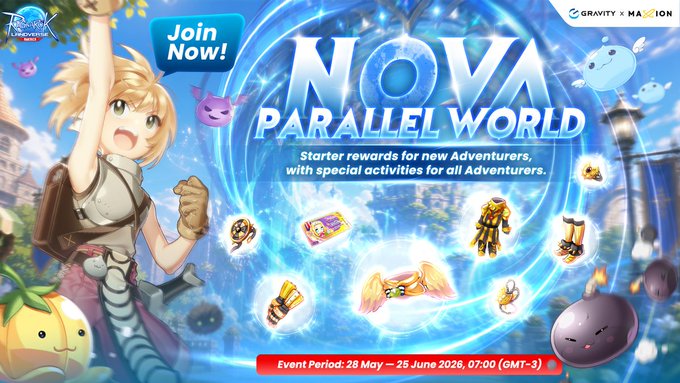 The image features a poster or banner promoting a video game called Nova Parallel World. The poster includes a girl with blonde hair, dressed in a white shirt and blue pants, who appears to be playing the game. She has her arms raised high as if she is celebrating something exciting. The background of the poster shows a blue sky filled with clouds and various objects scattered throughout it, including a castle, a tree, and some fruits like an orange and a banana. The text on the poster announces that there is an event happening in mid-June at the ROLA gaming company, where players can claim their rewards for joining the Nova Parallel World game.