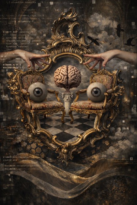 Surreal digital art piece featuring a brain between two ornate golden chairs holding eyeballs, with human hands reaching down from above, overlaid with faded programming code snippets.