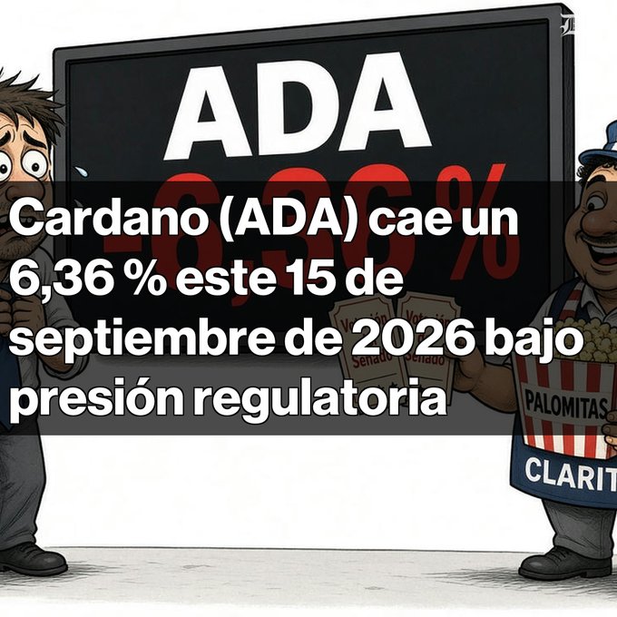 A cartoon-style financial news graphic showing 'ADA -6.36%' on a scoreboard with distressed and relieved characters, overlaid with Spanish text: 'Cardano (ADA) cae un 6,36 % este 15 de septiembre de 2026 bajo presión regulatoria'.