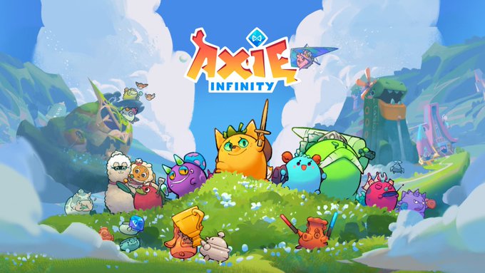 A vibrant promotional illustration for the game "Axie Infinity" displays various colorful creature characters gathered on a grassy hill under a blue sky.