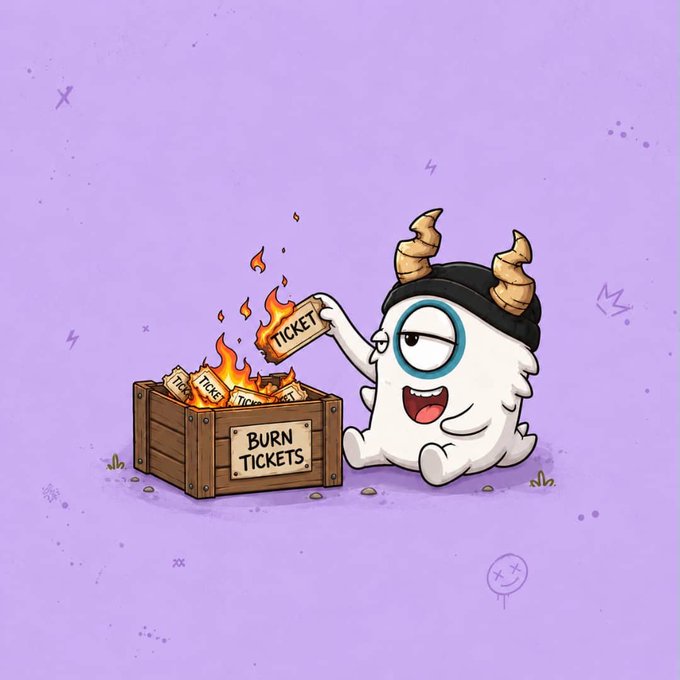 A cartoon ghost wearing horned headwear gleefully drops a ticket labeled "TICKET" into a wooden crate marked "BURN TICKETS," which is filled with flaming tickets. The illustration visually represents the post's concept of burning Pal tickets to receive $PUFF tokens, emphasizing the playful, meme-driven burn mechanism of the project.