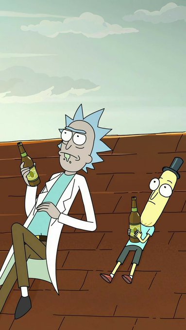 An animated scene featuring Rick Sanchez from Rick and Morty sitting on a rooftop holding a beer bottle next to Mr. Poopybutthole who is also holding a beer.