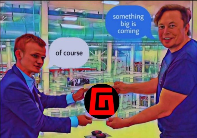 The image is a stylized illustration showing two figures in a factory setting shaking hands while holding a red and black "G" logo between them, with speech bubbles reading "of course" and "something big is coming." The scene appears unrelated to the accompanying post about the upcoming GodpullNFT mint, though the handshaking imagery could loosely symbolize the collaborations and partnerships mentioned in the text.