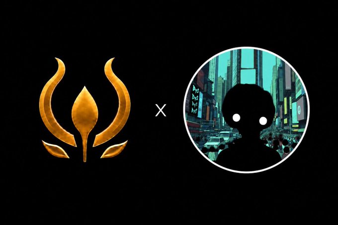 A gold lotus/bloom emblem paired with a circular artwork showing a silhouetted figure with glowing eyes against a cyberpunk cityscape, separated by an "X" symbol indicating a collaboration between the two NFT projects. The visual matches the post's announcement of secured Bloom spots for Dysfunctional holders, representing the partnership and 1/1 edition with 669 original artworks referenced in the text.