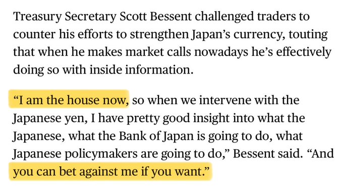 Treasury Secretary Scott Bessent challenges currency traders to bet against him on the Japanese yen, claiming insider insight into Bank of Japan policy, reinforcing the post's message that "Don't bet against Bessent" is the new "Don't fight the Fed."