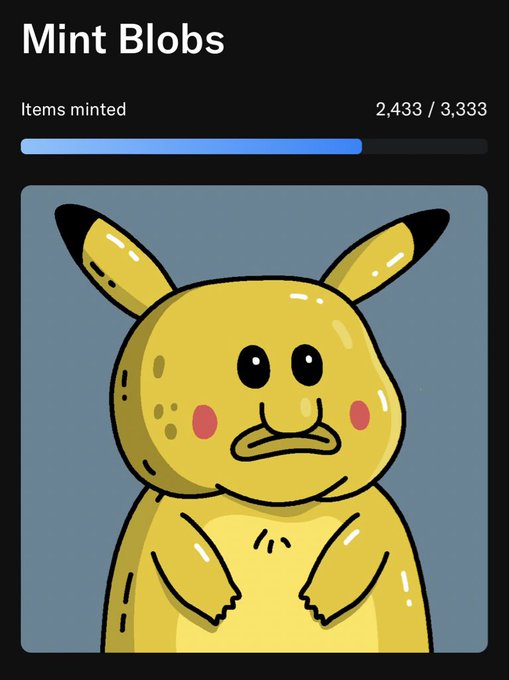 A digital NFT minting screen titled 'Mint Blobs' showing a cartoon yellow creature with black-tipped ears, with 2,433/3,333 items minted displayed on a progress bar.