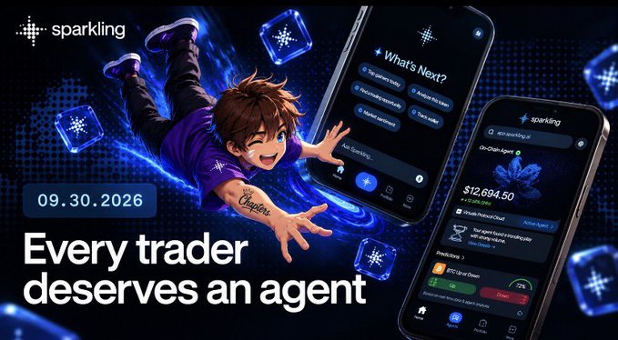 A promotional image for 'sparkling' cryptocurrency platform dated 09.30.2026, featuring the slogan 'Every trader deserves an agent' with anime-style graphics and mobile app interfaces showing a balance of $12,694.50.