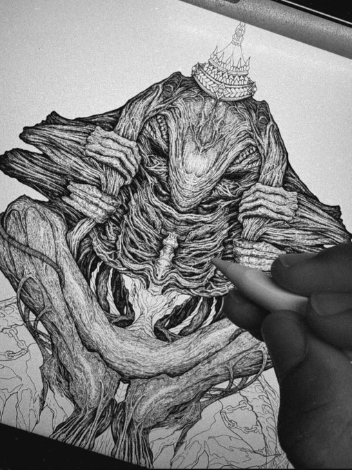 A black-and-white pencil drawing of a grotesque, tree-like humanoid creature with a small temple structure on its head, being drawn by an artist's hand holding a stylus.