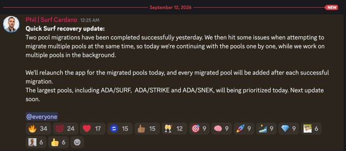 A Discord message from 'Phil | Surf Cardano' dated September 12, 2026, titled 'Quick Surf recovery update,' stating that two pool migrations completed successfully and that large pools like ADA/SURF, ADA/STRIKE, and ADA/SNEK will be prioritized.