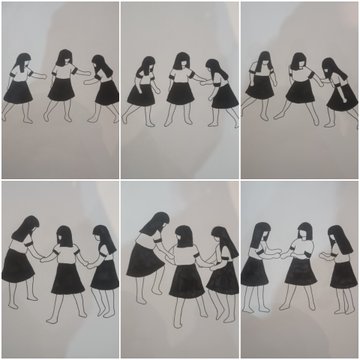 Six panels show a hand-drawn animation of three girls in black dresses and white tops holding hands in a circle.