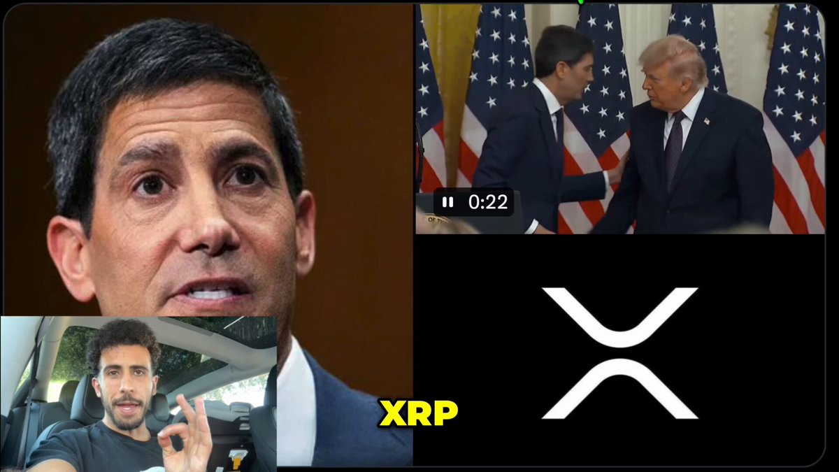 The main focus of this image appears to be a collage featuring three different photos or shots. One of the images showcases a man, possibly Obama's, addressing an audience while another photo depicts him shaking hands with Donald Trump during their meeting. The third image presents an overview of Ripple XRP and its potential impact on digital currencies.

The post also includes a screenshot showing an interview where Kevin Warsh is discussing Ripple XRP in relation to the U.S., China, and worldwide economies.