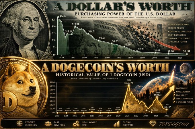 A two-panel financial comparison graphic: the top shows 'A DOLLAR'S WORTH' depicting declining U.S. dollar purchasing power from $26.14 in 1920 to $1.00 in 2020; the bottom shows 'A DOGECOIN'S WORTH' with a rising chart peaking at $0.7376 in 2021 and ending at $0.13, promoting 'TOP DOGE OF T' with tags like 'PEOPLE'S CURRENCY' and 'GLOBAL GROWTH'.