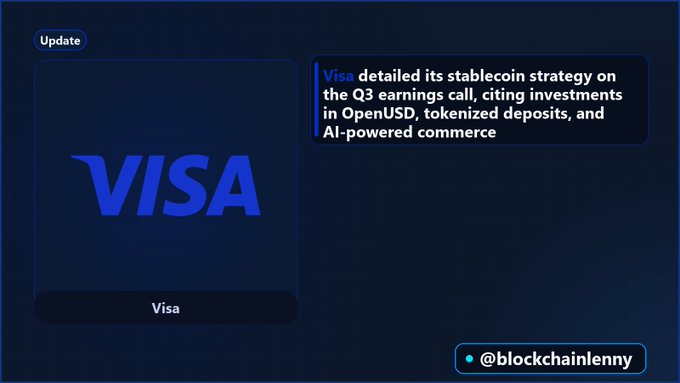 A news graphic stating 'Visa detailed its stablecoin strategy on the Q3 earnings call,' highlighting investments in OpenUSD, tokenized deposits, and AI-powered commerce, tagged with @blockchainlenny.