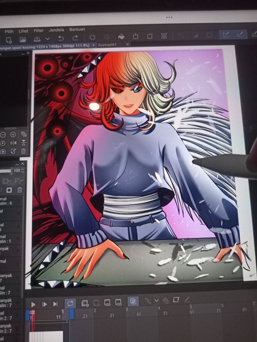 A digital drawing software interface (Clip Studio Paint) displaying an in-progress anime-style illustration of a character with red and blonde half-and-half hair, heterochromia, and a grey sweater, with a stylus visible on the right.