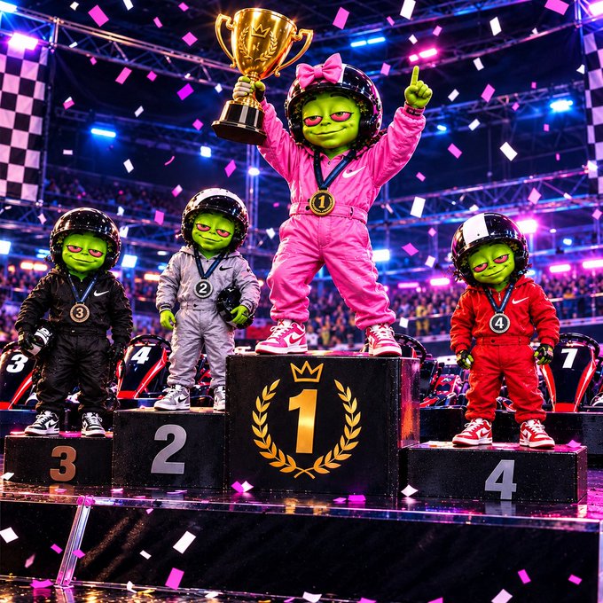 Four green-skinned alien characters in racing helmets and jumpsuits standing on a numbered podium (1-4), with the first-place winner in pink holding up a golden trophy amid falling pink confetti.