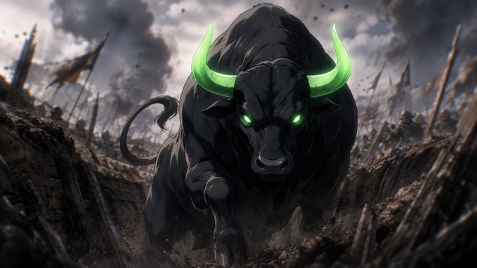 A digital illustration of a fierce black bull with glowing green horns and eyes charging across a war-torn battlefield.