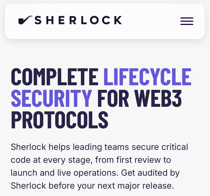 The image is a screenshot of the Sherlock website homepage, featuring the headline "COMPLETE LIFECYCLE SECURITY FOR WEB3 PROTOCOLS" and text stating that Sherlock helps leading teams secure critical code at every stage, from first review to launch and live operations.

This relates to the post about Sherlock's partnership with Ripple, as Sherlock is the company offering Web3 security audits mentioned in the caption.