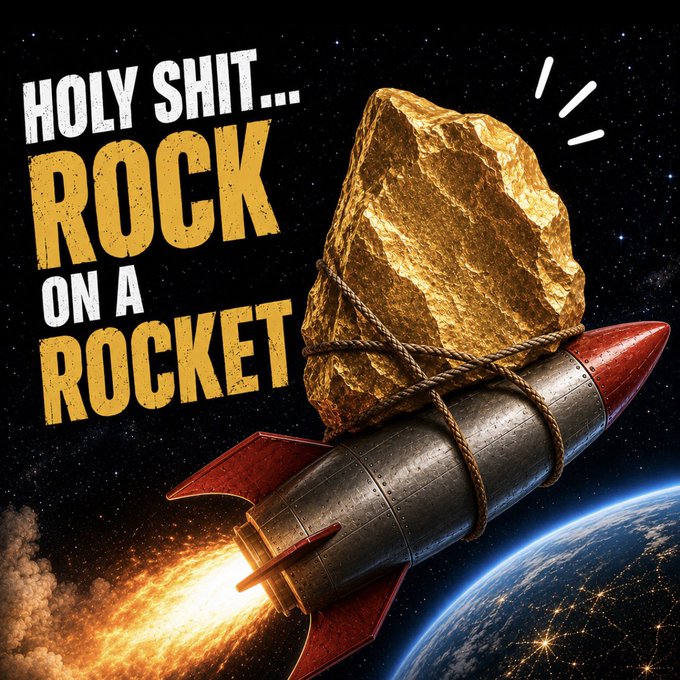A meme showing a large golden rock tied to a rocket flying through space with the text 'HOLY SHIT... ROCK ON A ROCKET'.