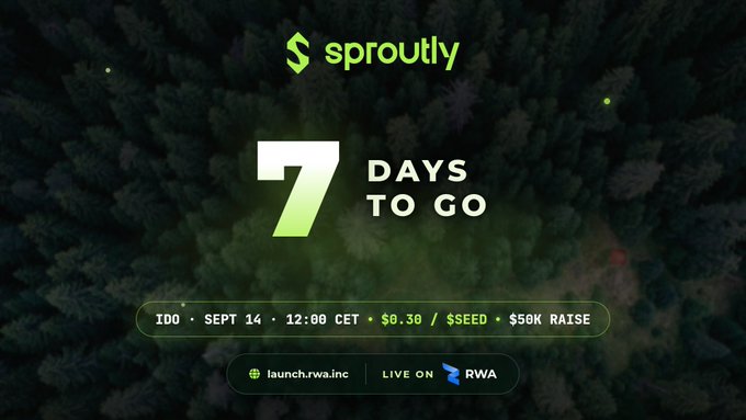 A promotional graphic for 'sproutly' showing '7 DAYS TO GO' over a forest background, with details: 'IDO • SEPT 14 • 12:00 CET • $0.30 / $SEED • $50K RAISE', and 'launch.rwa.inc | LIVE ON RWA'.