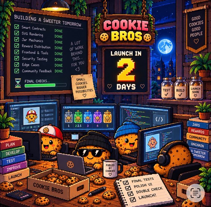 A colorful illustrated promotional graphic for 'COOKIE BROS' announcing 'LAUNCH IN 2 DAYS,' depicting cartoon cookie characters working at computers with a checklist titled 'BUILDING A SWEETER TOMORROW' marking items like 'Smart Contracts,' 'SVG Rendering,' and 'Community Feedback' as DONE.