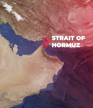 This image highlights the Strait of Hormuz, a vital shipping lane, suggesting it as a potential use case for XRP as a bridge currency for tolls, as mentioned in the accompanying post. The map prominently displays "STRAIT OF HORMUZ" with a red marker indicating its location.
