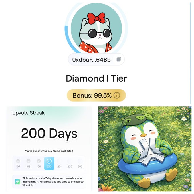 A user profile showing 'Diamond I Tier' with a 99.5% bonus, a 200-day upvote streak, and a green penguin character holding an 'X' logo.