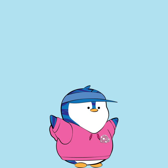 A simple cartoon illustration of a penguin character wearing a blue striped hood/visor and a pink hoodie with a small logo, standing against a solid light blue background.