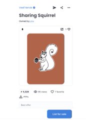 A mobile app screenshot showing a listing for an NFT called 'Sharing Squirrel' by 'you', with a price of 4.528 ETH and a 'List for sale' button.
