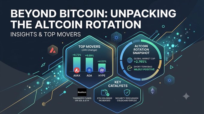 A financial infographic titled 'BEYOND BITCOIN: UNPACKING THE ALTCOIN ROTATION' displaying top movers AVAX (+6.73%), ADA (+6.59%), and HYPE (+4.03%), alongside an altcoin rotation snapshot showing global market cap +2.765%.