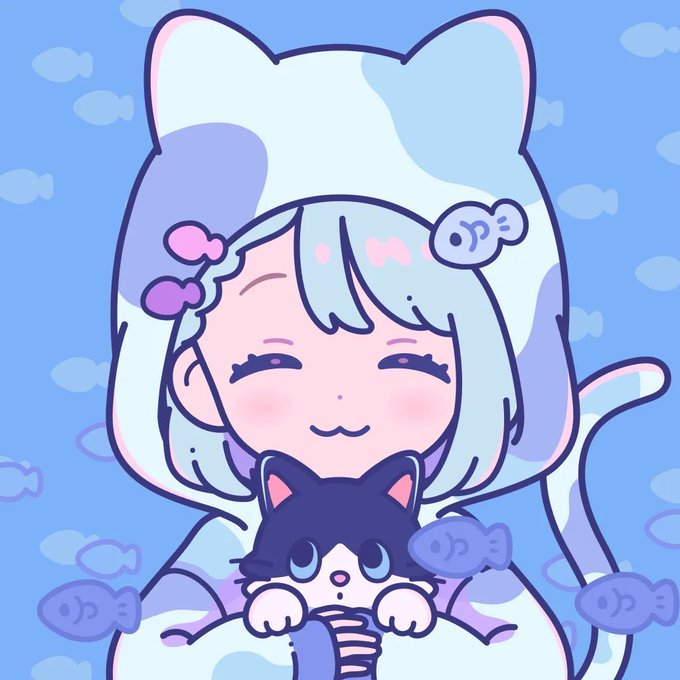 A pastel-colored chibi illustration of a smiling girl with mint-green hair wearing a cat-eared hood, holding a small black cat, surrounded by floating fish silhouettes on a light blue background.