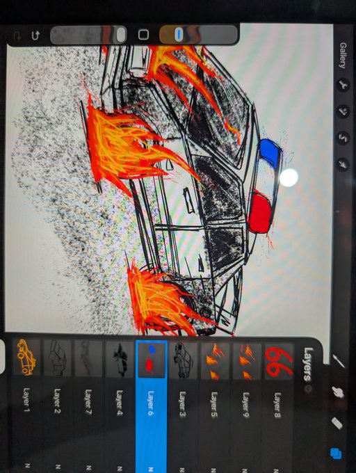 A digital drawing app screen showing a sketch of a car with flames in red, orange, and blue accents across multiple layers.