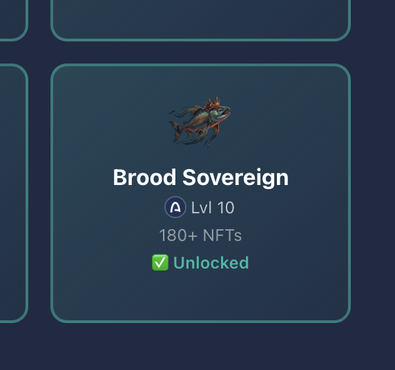A digital NFT achievement card titled 'Brood Sovereign' at Lvl 10 with '180+ NFTs' and marked 'Unlocked', featuring a small dragon-like creature icon.