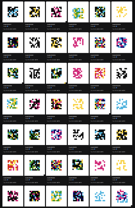 The image shows a gallery of 36 colorful, abstract QR-code-like pixel art tokens labeled "Cash 42069" and "Top Offer: 0.4224 WETH," appearing to be NFTs minted on Ethereum, which connects to the post's reference to "ee-theer-ee-um en ef tees" (Ethereum NFTs) and the collection hosted at mikedudas.eth featuring an interactive mint/hold/burn game.