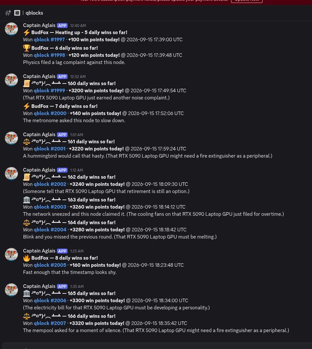 A Discord channel named '#qblocks' showing 'Captain Aglais' BOT posting winning bids for 'qblock' nodes (#1997-#2007) with point totals and humorous RTX 5090 GPU-related comments.