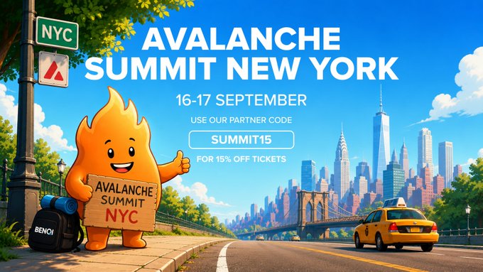A promotional cartoon-style graphic for 'AVALANCHE SUMMIT NEW YORK' on '16-17 SEPTEMBER,' featuring a flame mascot holding a sign and offering a 'PARTNER CODE SUMMIT15 FOR 15% OFF TICKETS,' with the NYC skyline and Brooklyn Bridge in the background.