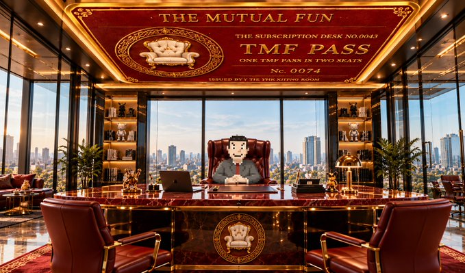 A luxurious office with a view of a city skyline features a large desk where a pixel-art character sits. Above is an ornate sign reading 'THE MUTUAL FUN', 'THE SUBSCRIPTION DESK NO.0043', 'TMF PASS', 'ONE TMF PASS IS TWO SEATS', 'No. 0074', and 'ISSUED BY THE TMF KITCHEN ROOM'.