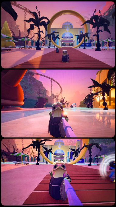 A three-panel screenshot from a stylized 3D video game showing a small frog-like character with a backpack in a vibrant, tropical environment with pink skies and golden portals.