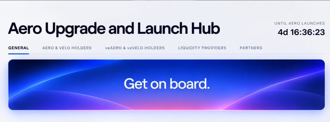 A website header titled "Aero Upgrade and Launch Hub" displays a countdown timer reading "4d 16:36:23 UNTIL AERO LAUNCHES" above a blue banner stating "Get on board."