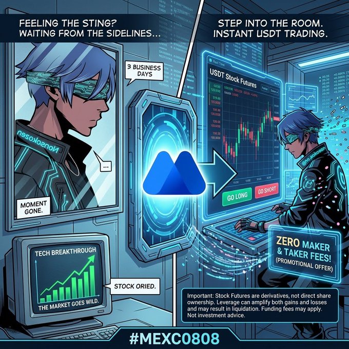 A digital promotional graphic for MEXC featuring an anime-style character, highlighting "USDT Stock Futures" with text like "INSTANT USDT TRADING," "ZERO MAKER & TAKER FEES!," and the hashtag "#MEXC0808" alongside risk disclaimers.