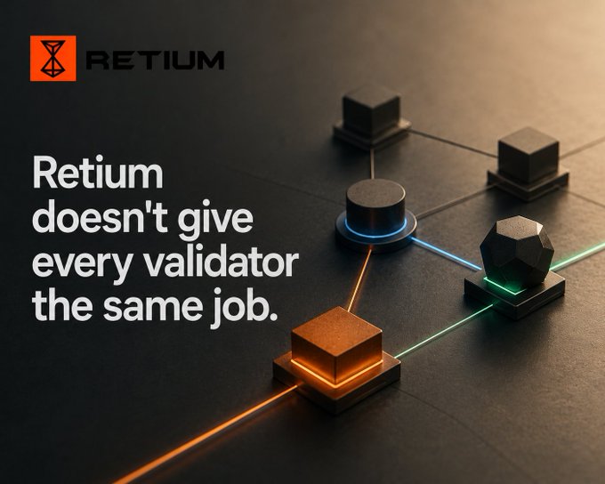 Retium promotional image featuring 3D geometric shapes (cubes and a dodecahedron) connected by glowing lines, with text reading 'Retium doesn't give every validator the same job.'