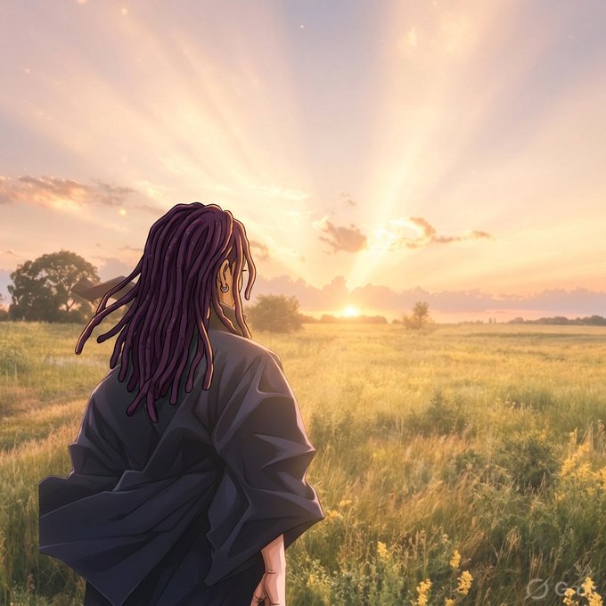 An anime-style illustration of a person with long purple dreadlocks wearing a dark cloak, viewed from behind while gazing at a golden sunset over a vast grassy field with wildflowers.